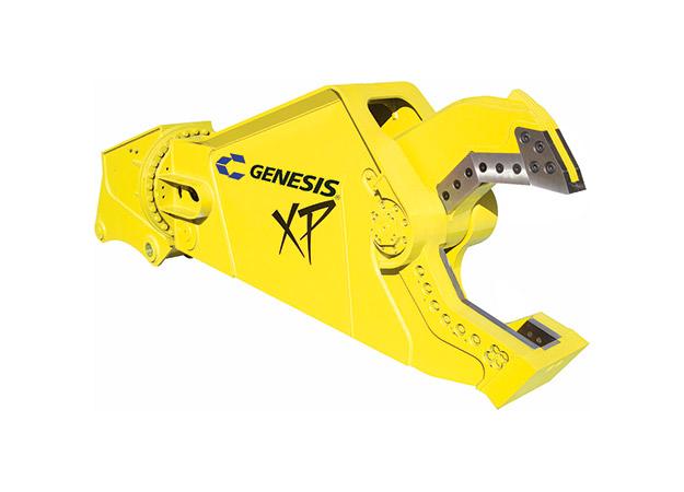 Yellow Genesis XP mobile shear with open jaw facing left.