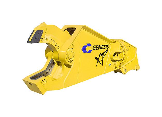 Yellow Genesis XP mobile shear with open jaw facing right.