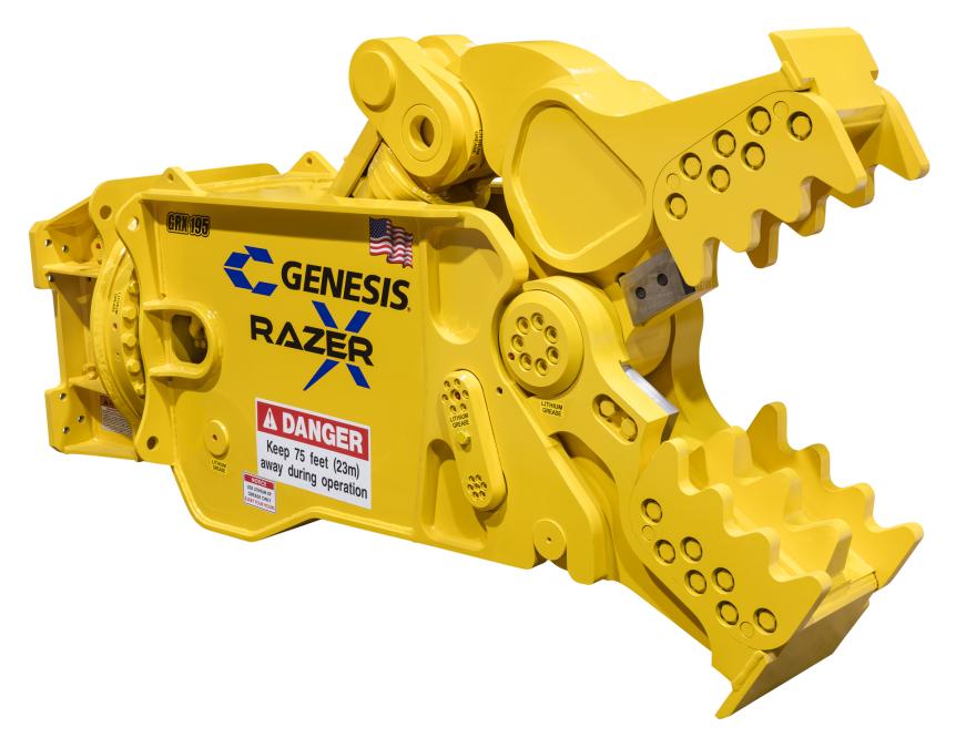 Yellow GRX with pulverizer jaw facing right